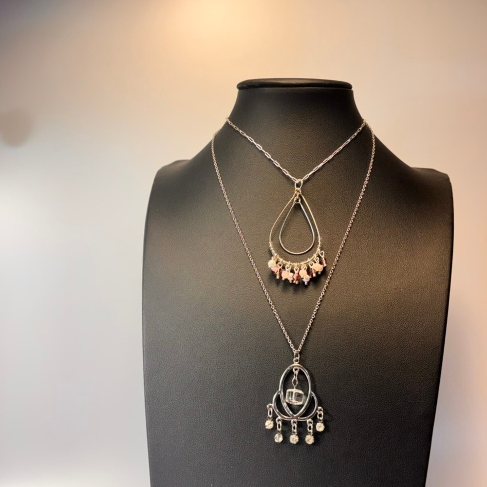 2 Piece Necklace Set Silver Pink Beaded Teardrop Crystal Y2K Eclectic Boho Chic